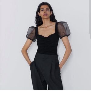 NWOT Zara Black Organza Puff Sleeve Bodysuit size small